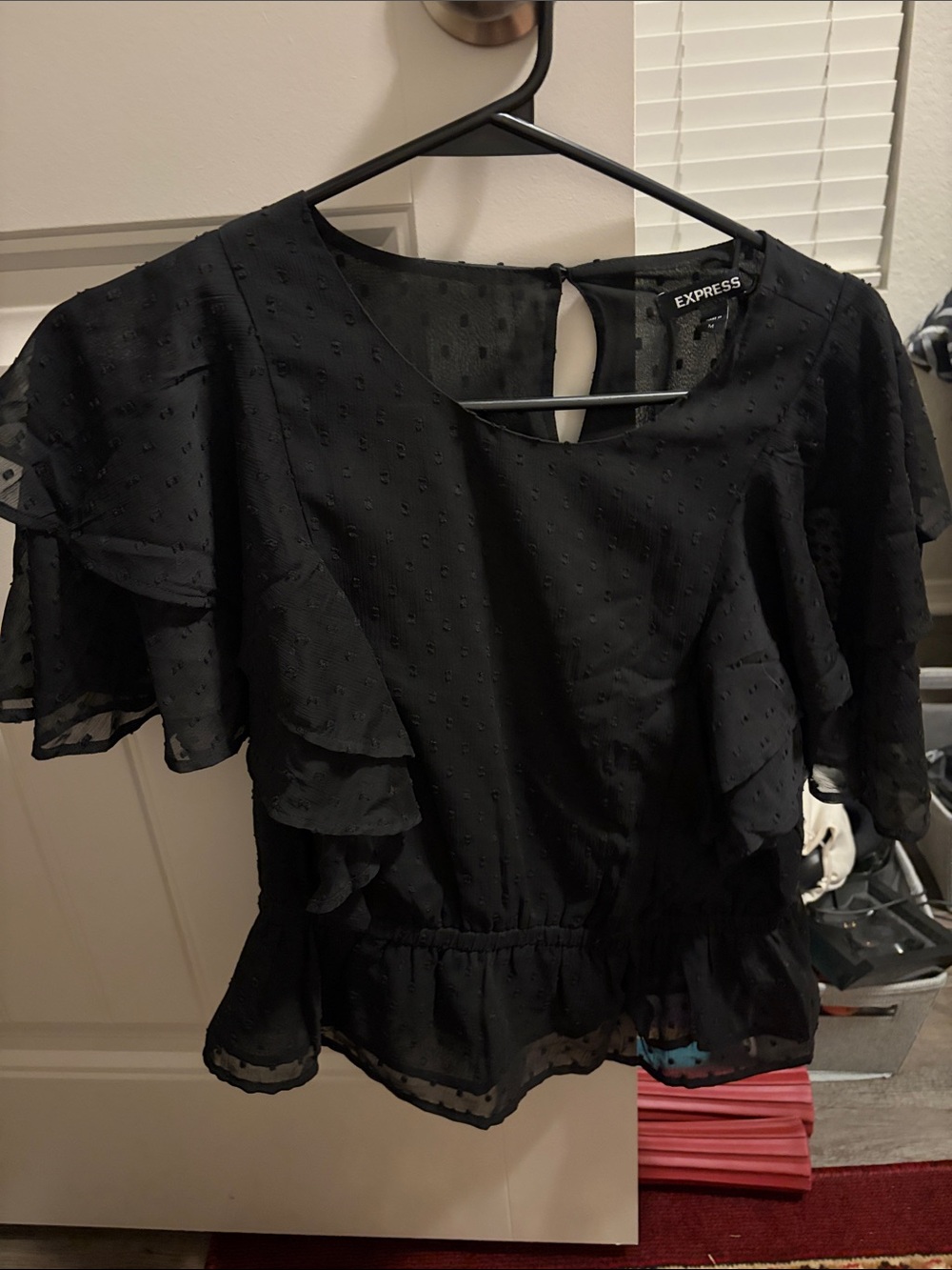 Express Black Sheer Dot Peplum Blouse with Ruffle Sleeves